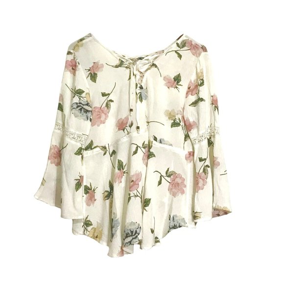 Crinkled Crepe Floral Printed Peasant Blouse - Picture 2 of 4